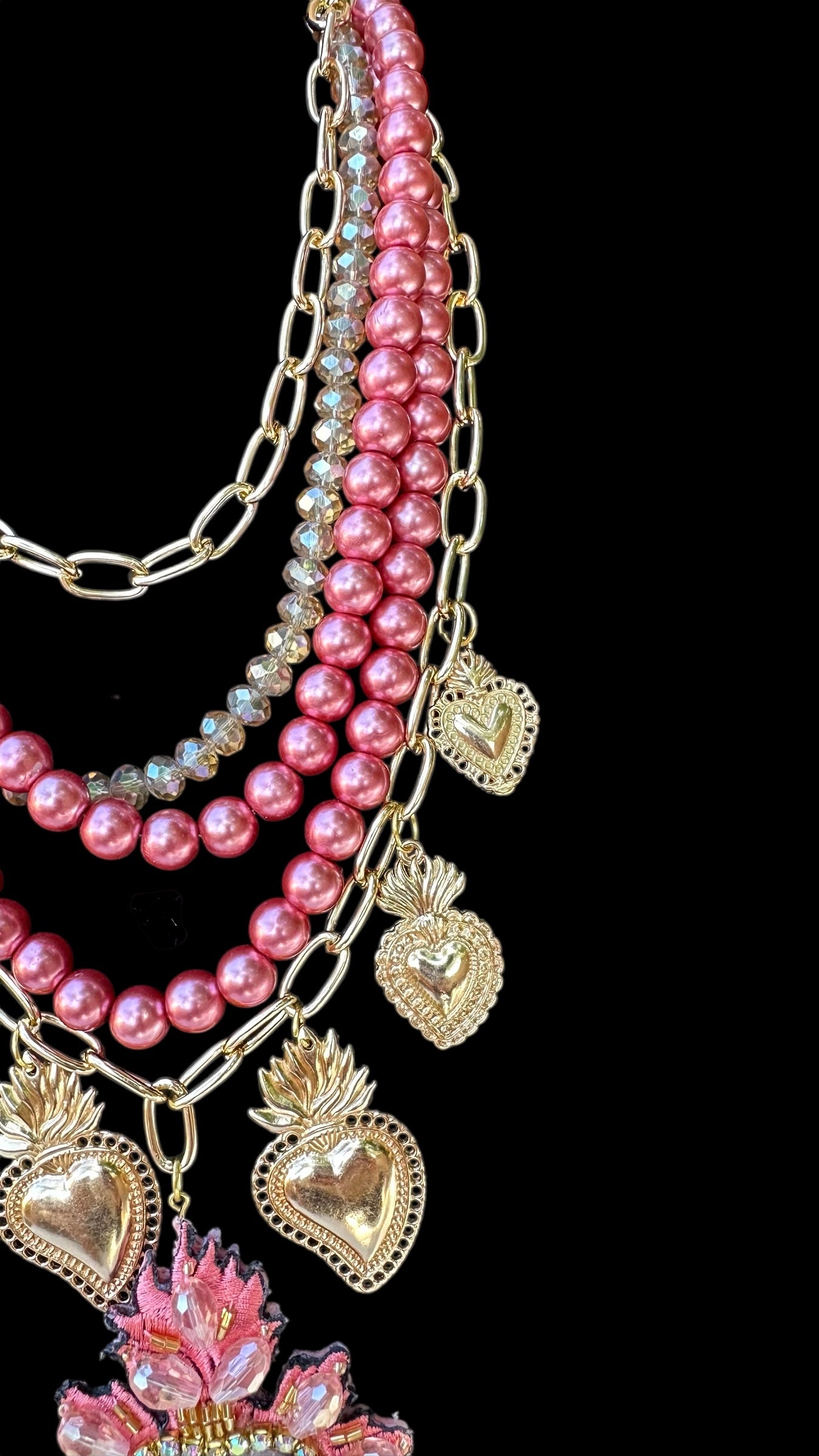 Perlas y Corazon Rosa Necklace