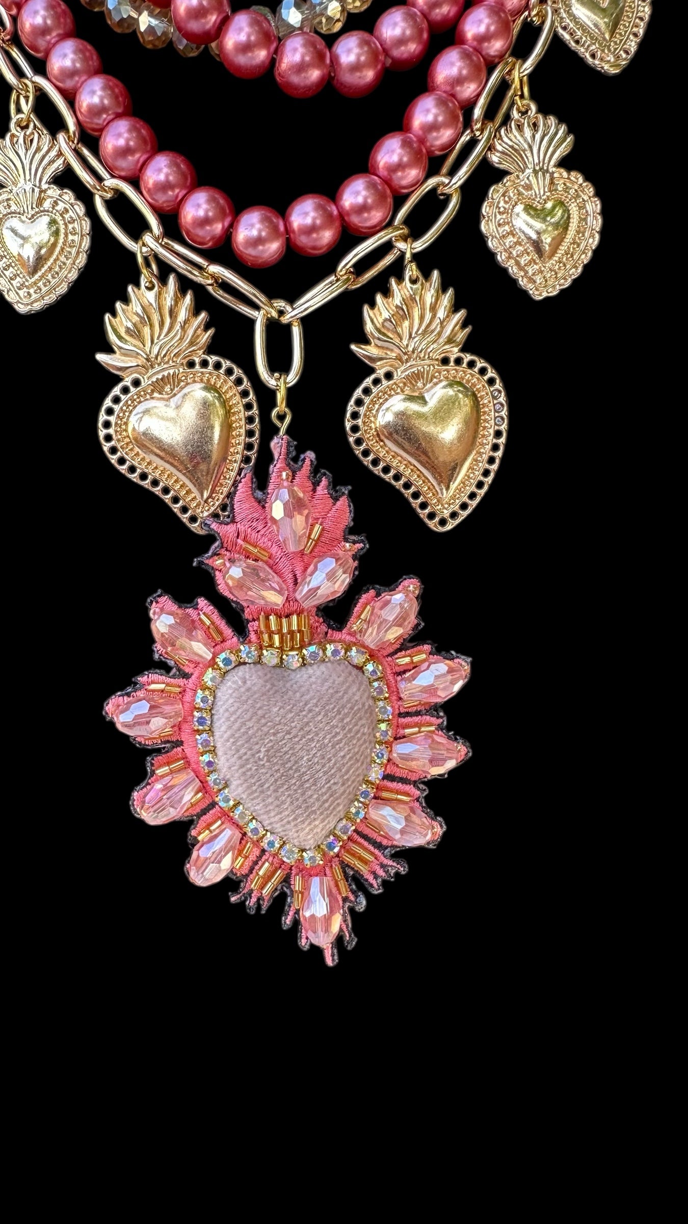 Perlas y Corazon Rosa Necklace
