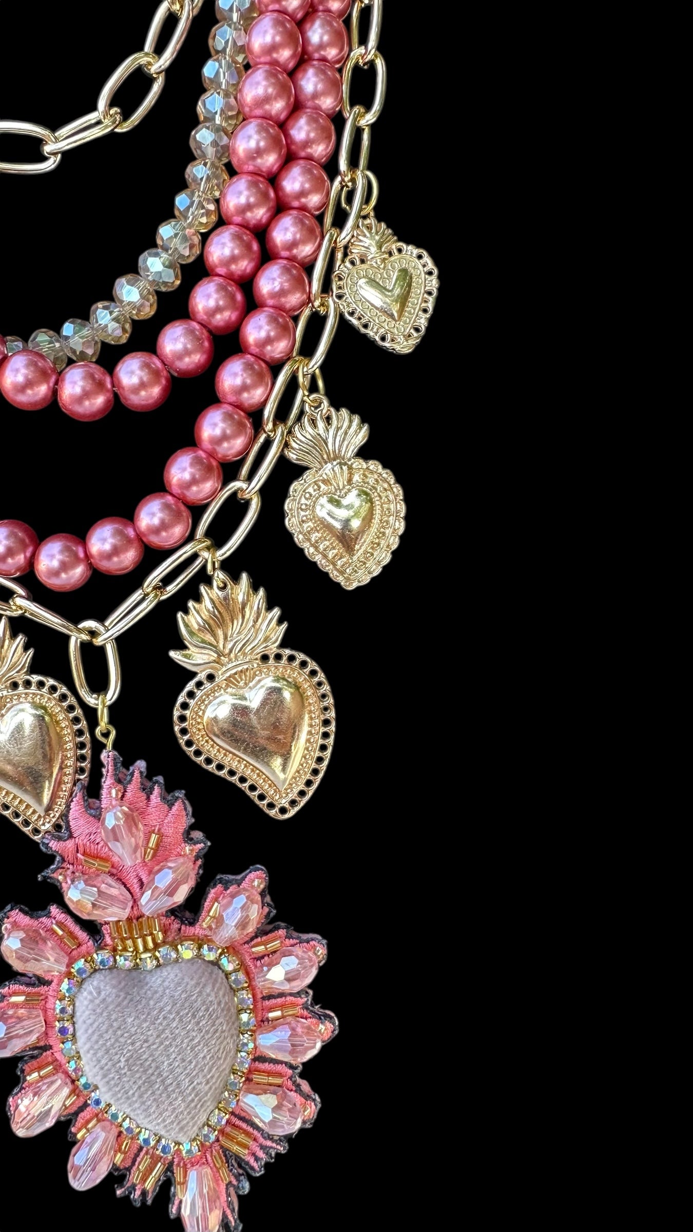 Perlas y Corazon Rosa Necklace