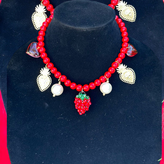 Strawberry w/ gold heart necklace
