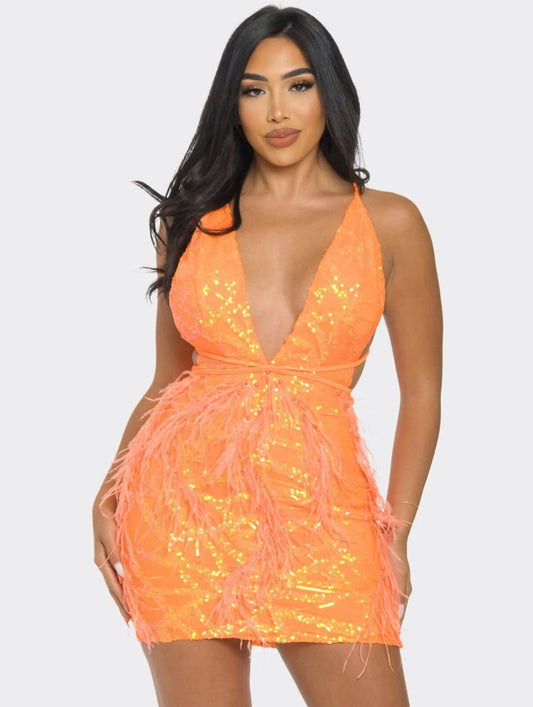 Orange Sequins Feather bodycon dress